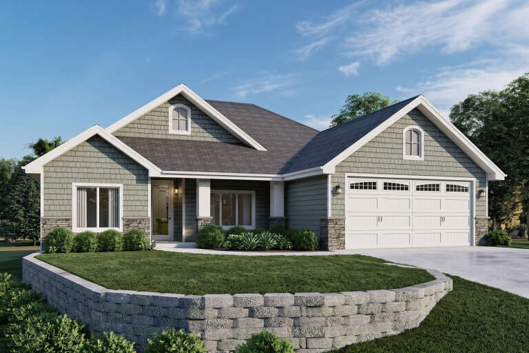 Sage Green Traditional, Angled Front Elevation, shake siding, stone base, white garage, porch columns, retaining wall. House Plan # 7140-00012 Digital Rendering by America's Best House Plans, Inc.