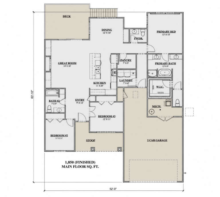 Main Floor: 3BR, 2.5BA, Great Room, Kitchen, Dining, Pantry, Ldry, 2-car garage, WIC, Stoop, Deck. Unheated: garage/stoop/deck. House Plan # 7140-00012 Main Floor Floor Plan Drawing by America's Best House Plans, Inc.