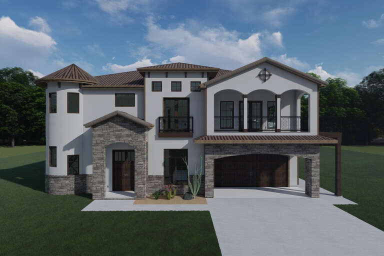 White Mediterranean, Front Elevation, stucco siding, stone veneer, tile roof, arched balcony, turret, desert landscaping. House Plan # 7140-00013 Digital Rendering by America's Best House Plans, Inc.