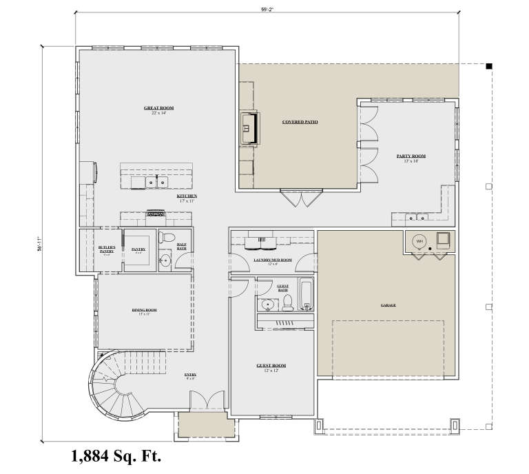 Main Floor: 1BR, 1.5BA, Great Room, Kitchen, Dining, Party Room, Ldry/Mud, 2-car garage, Covered Patio, Butler's Pantry, Stairs. House Plan # 7140-00013 Main Floor Floor Plan Drawing by America's Best House Plans, Inc.