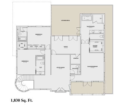 Second Floor: 3BR, 3.5BA, Office, Sitting Room, Master WIC, Storage, Covered Deck, curved stairs. Unheated: Covered Deck. House Plan # 7140-00013 Second Floor Floor Plan Drawing by America's Best House Plans, Inc.