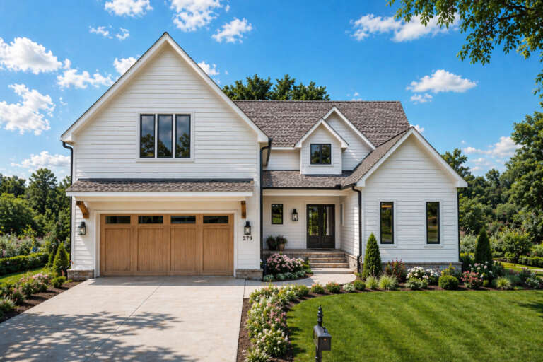 White Modern Farmhouse, Front Elevation with horizontal siding, wooden garage door, stone base, lanterns, and landscaping. House Plan # 6102-00005 Digital Rendering by America's Best House Plans, Inc.