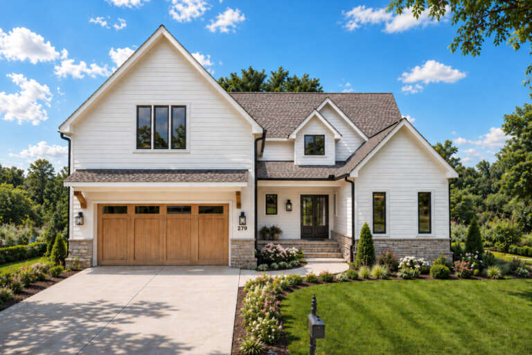 White Modern Farmhouse, Front Elevation, horizontal siding, stone base, wood garage door, black fixtures, lush garden. House Plan # 6102-00005 Digital Rendering by America's Best House Plans, Inc.