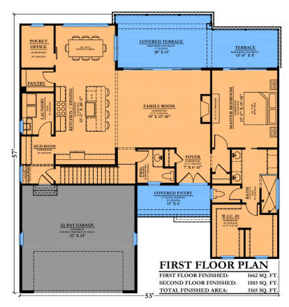Main Floor: 1BR, 1.5BA, Kitchen, Dining, Family, Office, Pantry, Ldry, Mud, 2-car garage, Covered Entry, Terrace, WIC. House Plan # 6102-00005 Main Floor Floor Plan Drawing by America's Best House Plans, Inc.