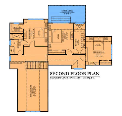 Second Floor: 3BR, 2BA, Bonus Room, Upper Deck, WIC. 9' ceilings, 10' clipped ceiling in Bonus. Stairs. Unheated: deck. House Plan # 6102-00005 Second Floor Floor Plan Drawing by America's Best House Plans, Inc.