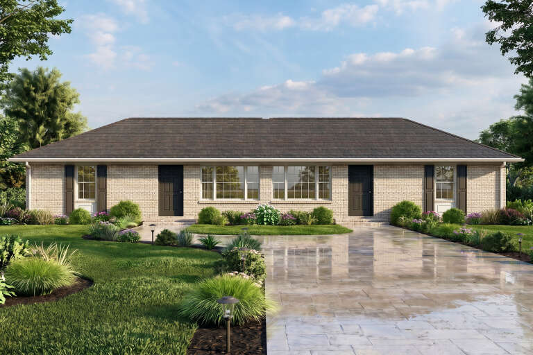Beige Traditional Front Elevation, brick siding, dark shutters, dual entry doors, stone walkway, and manicured landscaping. House Plan # 699-00558 Digital Rendering by America's Best House Plans, Inc.