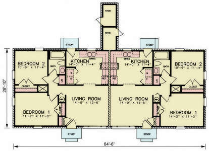 Main Floor: Duplex, 4BR, 2BA, 2 Living, 2 Kitchens, Ldry, Closets, 4 Stoops, Storage. Unheated: stoops and storage areas. House Plan # 699-00558 Main Floor  Floor Plan Drawing by America's Best House Plans, Inc.