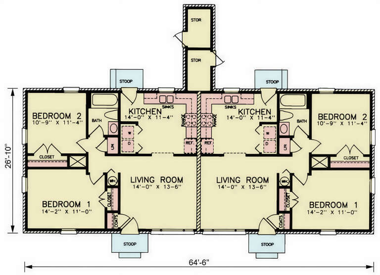 Main Floor: Duplex, 4BR, 2BA, 2 Living, 2 Kitchens, Ldry, Closets, 4 Stoops, Storage. Unheated: stoops and storage areas. House Plan # 699-00558 Main Floor  Floor Plan Drawing by America's Best House Plans, Inc.