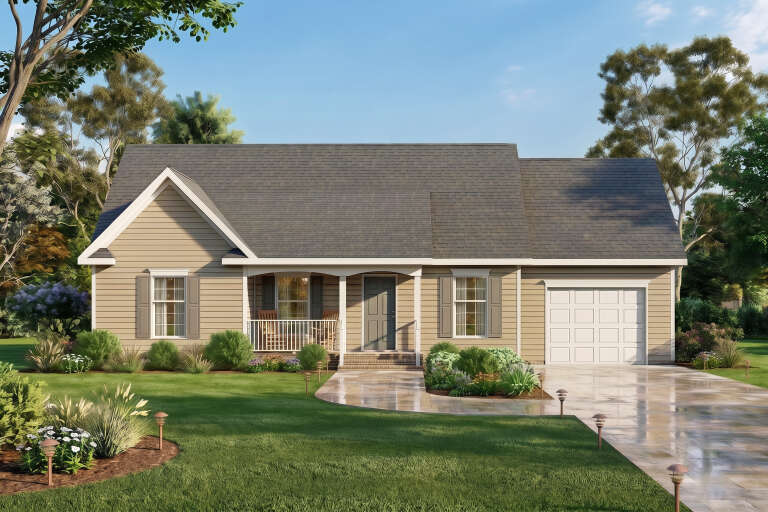 Tan Traditional, Front Elevation with lap siding, shutters, covered porch, stone walkway, and manicured landscaping. House Plan # 699-00559 Digital Rendering by America's Best House Plans, Inc.