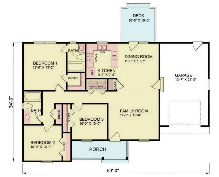 Main Floor: 3BR, 2BA, Kitchen, Dining, Family, Ldry, 1-car garage, Porch, Deck, Closets. Unheated: garage, porch, deck. House Plan # 699-00559 Main Floor  Floor Plan Drawing by America's Best House Plans, Inc.