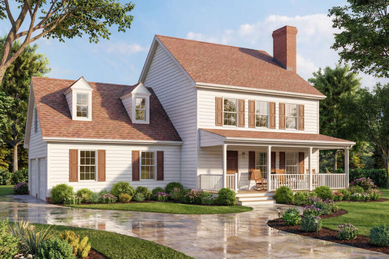 White Traditional, Angled Front Elevation with lap siding, brick chimney, brown shutters, porch rockers, and stone path. House Plan # 699-00560 Digital Rendering by America's Best House Plans, Inc.