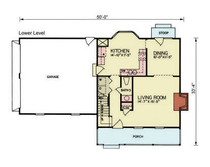 Lower Level: 1BA, Kitchen, Dining, Living Room, Ldry, Garage, Stairs, Porch, Stoop, Fireplace, Closet. Unheated: Garage/Porch. House Plan # 699-00560 Main Floor  Floor Plan Drawing by America's Best House Plans, Inc.