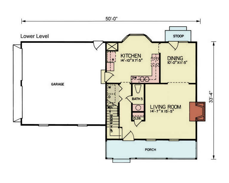 Lower Level: 1BA, Kitchen, Dining, Living Room, Ldry, Garage, Stairs, Porch, Stoop, Fireplace, Closet. Unheated: Garage/Porch. House Plan # 699-00560 Main Floor  Floor Plan Drawing by America's Best House Plans, Inc.