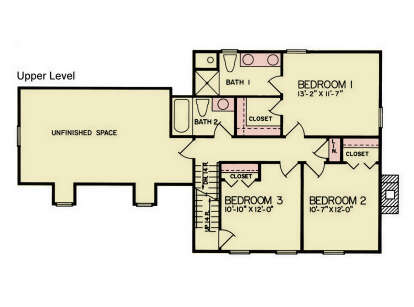 Second Floor: 3BR, 2BA, 3 Closets, Linen closet, Stairs. Large unfinished space. House Plan # 699-00560 Second Floor Floor Plan Drawing by America's Best House Plans, Inc.