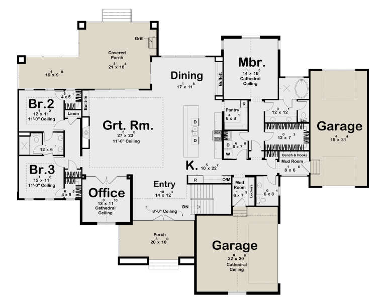 Main Floor: 3BR, 2.5BA, Grt Rm, Kitchen, Dining, Office, 2 Mud Rms, Ldry, 2 Garages, 2 Porches. Cathedral/11' ceilings. House Plan # 963-01323 Main Floor  Floor Plan Drawing by America's Best House Plans, Inc.