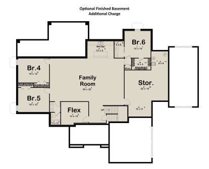 Basement: 3BR, 1BA, Family Room, Wet Bar, Flex room, Storage, Stairs. Unheated: large storage area. House Plan # 963-01323 Basement Floor Plan Drawing by America's Best House Plans, Inc.