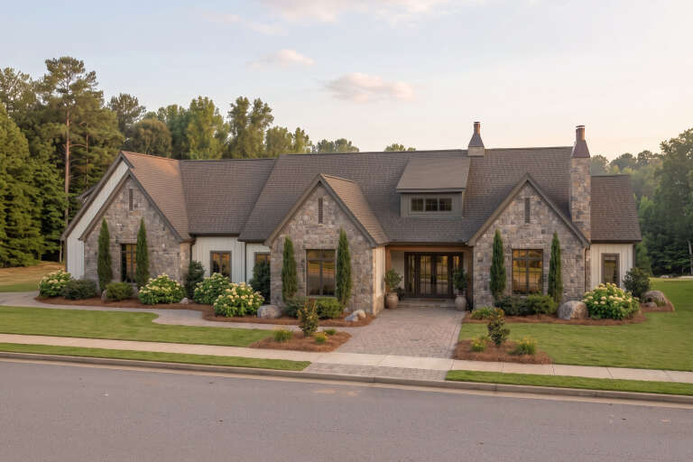 Grey French Country, Angled Front Elevation, stone and board-and-batten siding, paver walkway, and manicured landscaping. House Plan # 963-01324 Digital Rendering by America's Best House Plans, Inc.