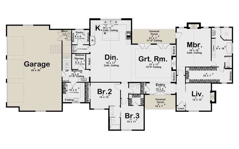 Main Floor: 3BR, 2.5BA, Kitchen, Dining, Grt Rm, Liv, Mud, Ldry, 3-car garage, 2 porches, cath ceilings, pantry, storage. House Plan # 963-01324 Main Floor  Floor Plan Drawing by America's Best House Plans, Inc.