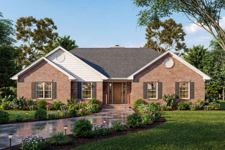 Red Traditional Front Elevation, brick siding, white gables, dark shutters, wood door, stone path, lush landscaping. House Plan # 699-00561 Digital Rendering by America's Best House Plans, Inc.