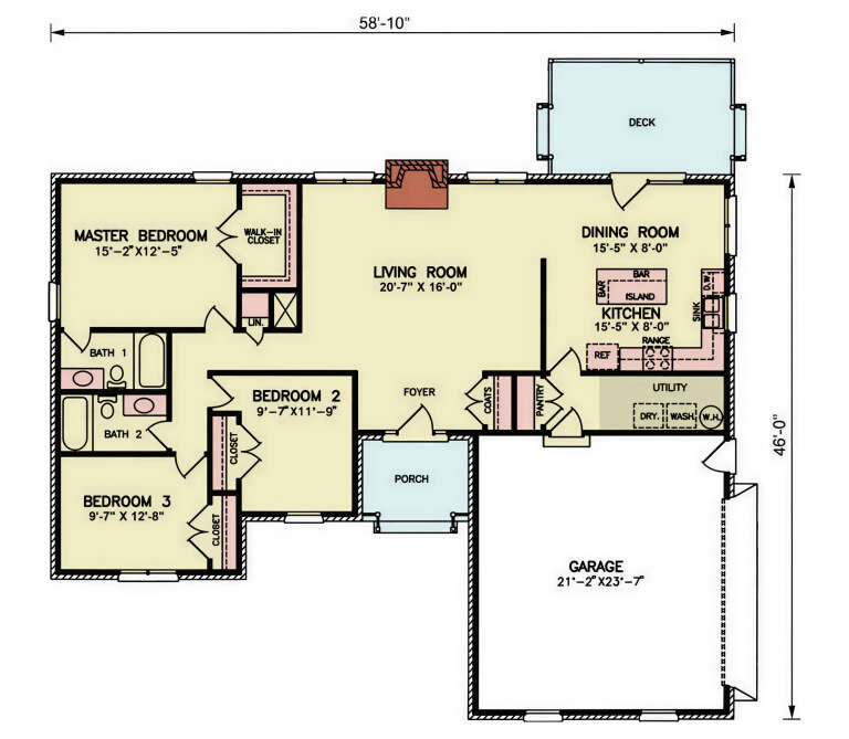 Main Floor: 3BR, 2BA, Living, Dining, Kitchen, Utility, 2-car garage, Porch, Deck, Fireplace, WIC, Pantry, Coat closet. House Plan # 699-00561 Main Floor  Floor Plan Drawing by America's Best House Plans, Inc.