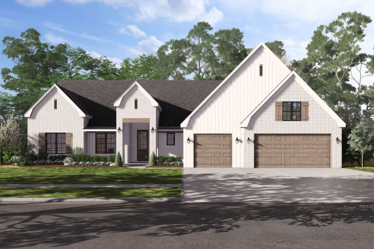 White Modern Farmhouse, Front Elevation, brick and board-and-batten siding, wood garage doors, shutters, and landscaping. House Plan # 3822-00011 Digital Rendering by America's Best House Plans, Inc.