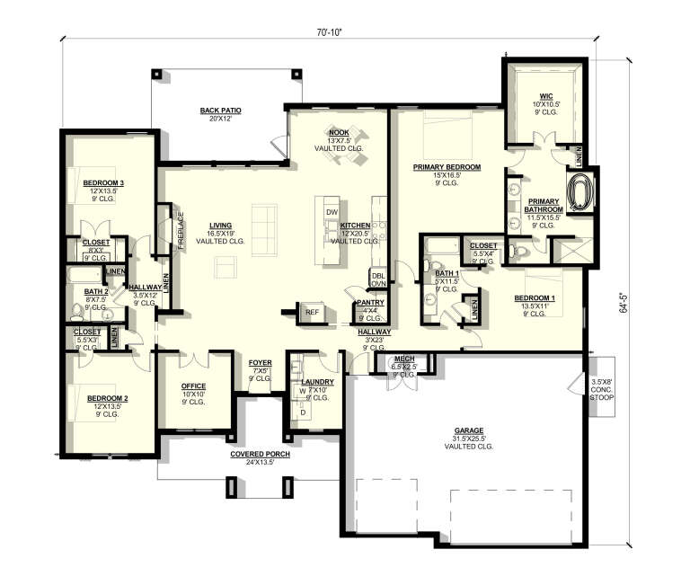 Main Floor: 3BR, 2.5BA, Office, Vaulted Living/Kitchen/Nook/Garage, Fireplace, Pantry, Ldry, WIC, Covered Porch, Back Patio. House Plan # 3822-00011 Main Floor  Floor Plan Drawing by America's Best House Plans, Inc.
