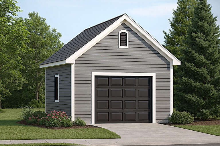 Grey Traditional, Angled Front Elevation, lap siding, dark garage door, white trim, arched gable vent, concrete driveway. House Plan # 6261-00083 Digital Rendering by America's Best House Plans, Inc.