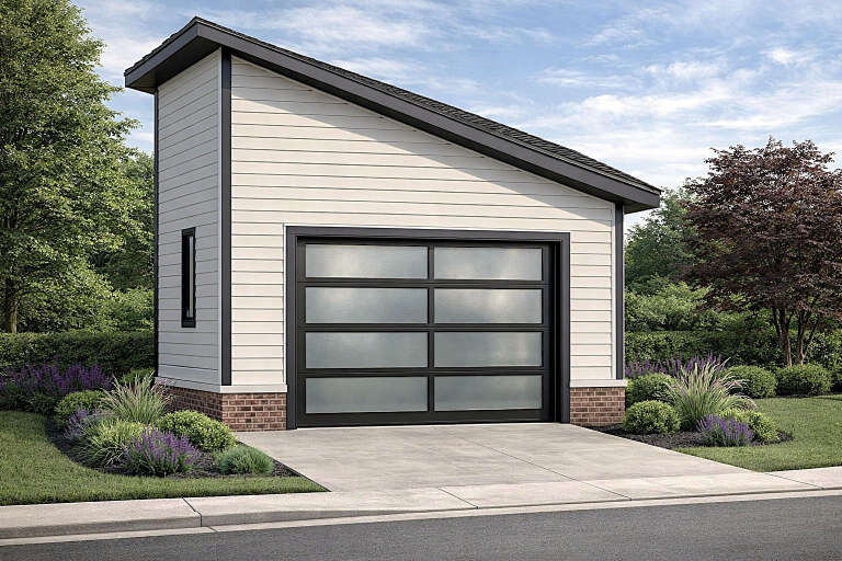 Off-white Modern, Angled Front Elevation, horizontal siding, brick base, frosted glass garage door, concrete driveway. House Plan # 6261-00084 Digital Rendering by America's Best House Plans, Inc.