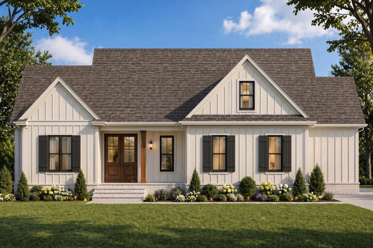 White Modern Farmhouse, Front Elevation with vertical siding, dark shutters, wood double doors, and manicured landscaping. House Plan # 6102-00006 Digital Rendering by America's Best House Plans, Inc.