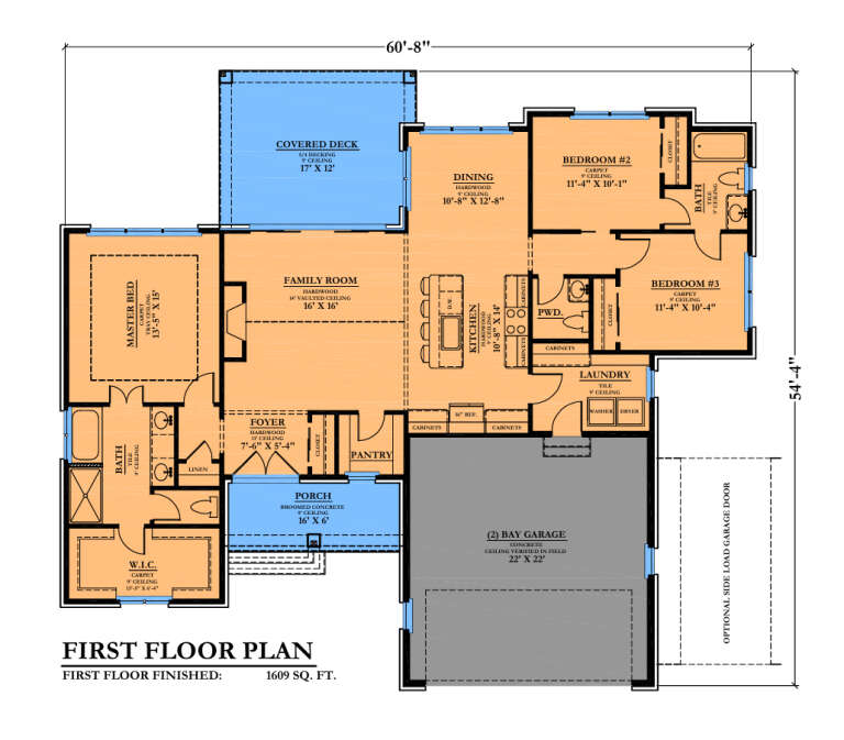 Main Floor: 3BR, 2.5BA, Foyer, Vaulted Family, Dining, Kitchen, Pantry, Ldry, 2-car garage, Porch, Covered Deck, Tray Ceiling. House Plan # 6102-00006 Main Floor Floor Plan Drawing by America's Best House Plans, Inc.