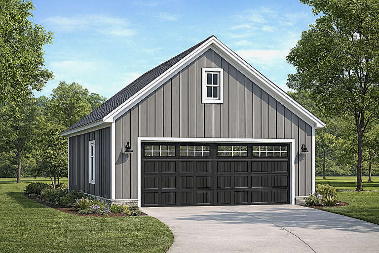 Grey Traditional, Angled Front Elevation, vertical board-and-batten siding, black garage doors, sconces, concrete drive. House Plan # 6261-00085 Digital Rendering by America's Best House Plans, Inc.