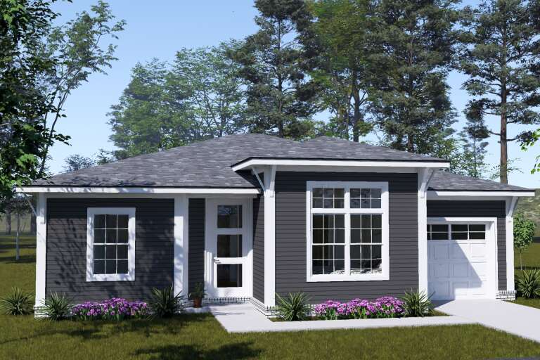 Dark Gray Contemporary, Angled Front Elevation, horizontal siding, white trim, glass door, garage, purple flower beds. House Plan # 4848-00627 Digital Rendering by America's Best House Plans, Inc.