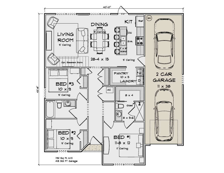 Main Floor: 3BR, 2BA, Living, Dining, Kitchen, Pantry, Ldry, 2-car garage, 9' ceilings, 11' Master ceiling, opt stairs. House Plan # 4848-00627 Main Floor  Floor Plan Drawing by America's Best House Plans, Inc.