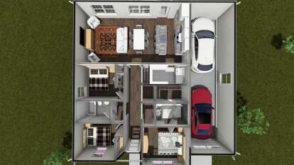 Overhead Main Floor: 3BR, 2BA, open Kitchen/Dining/Living, Ldry, 2-car garage. Unheated: garage. Closets throughout. House Plan # 4848-00627 Overhead Main Floor Floor Plan Drawing by America's Best House Plans, Inc.