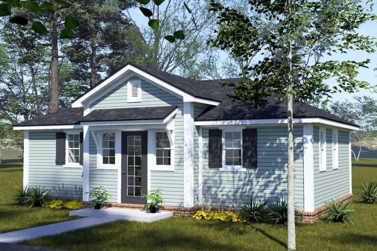 Sage green Cottage, Angled Front Elevation, lap siding, dark shutters, brick foundation, porch, and lush landscaping. House Plan # 4848-00628 Digital Rendering by America's Best House Plans, Inc.