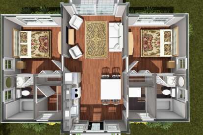 Overhead Main Floor: 2BR, 2BA, central living area, kitchen, dining, 2 WIC. Symmetrical layout with dual bedroom suites. House Plan # 4848-00628 Overhead Main Floor Floor Plan Drawing by America's Best House Plans, Inc.