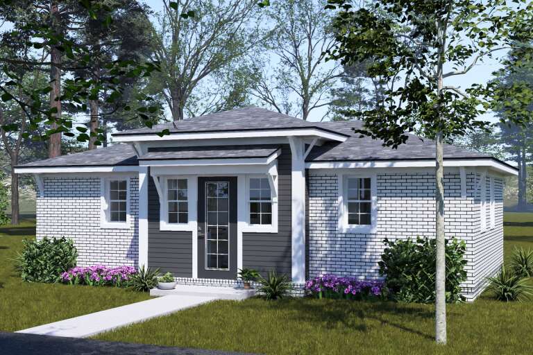 White and Charcoal, Angled Front Elevation, brick and lap siding, hip roof, white trim, glass door, floral landscaping. House Plan # 4848-00629 Digital Rendering by America's Best House Plans, Inc.