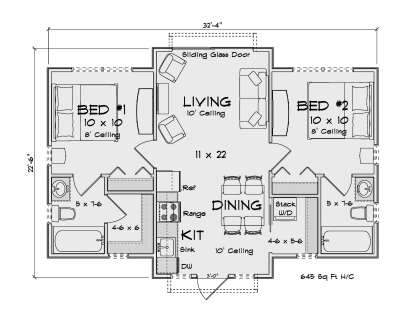 Main Floor: 2BR, 2BA, Living, Dining, Kitchen, Ldry, 2 WIC. 10' ceilings in living/dining, 8' in bedrooms. 645 sq ft H/C. House Plan # 4848-00629 Main Floor  Floor Plan Drawing by America's Best House Plans, Inc.