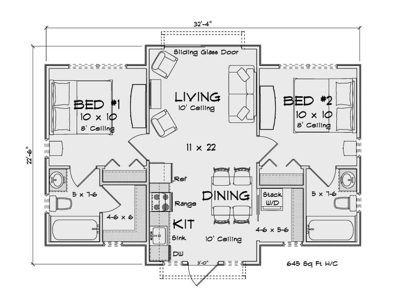 Main Floor: 2BR, 2BA, Living, Dining, Kitchen, Ldry, 2 WIC. 10' ceilings in living/dining, 8' in bedrooms. 645 sq ft H/C. House Plan # 4848-00629 Main Floor  Floor Plan Drawing by America's Best House Plans, Inc.
