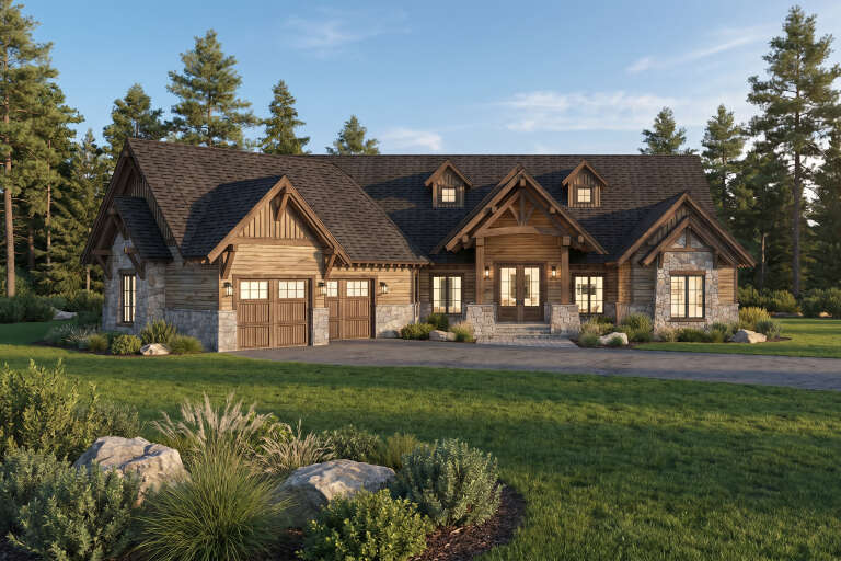 Brown Craftsman, Angled Front Elevation, stone and wood siding, timber accents, wall lanterns, and lush landscaping. House Plan # 8318-00506 Digital Rendering by America's Best House Plans, Inc.