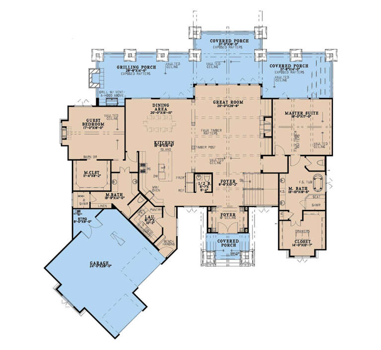 Main Floor: 2BR, 2.5BA, Great Rm, Kitchen, Dining, Ldry, 3-car garage, 3 covered porches, vaulted ceilings, WIC, pantry. House Plan # 8318-00506 Main Floor  Floor Plan Drawing by America's Best House Plans, Inc.