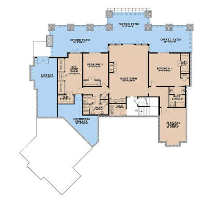 Basement: 2 BR, Bunk Room, 2 BA, Game Room, Ldry, Stairs. Unheated: Storage, Seasonal Closet, 3 Covered Patios. House Plan # 8318-00506 Basement Floor Plan Drawing by America's Best House Plans, Inc.