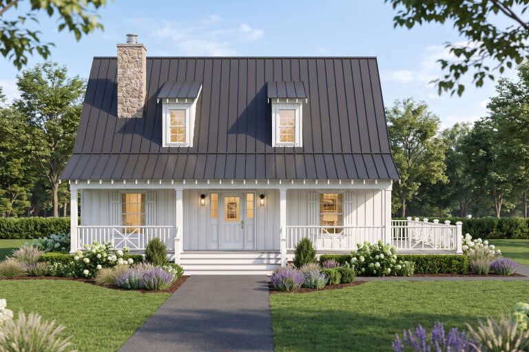 White Modern Farmhouse, Front Elevation, board-and-batten siding, metal roof, stone chimney, porch, and lush landscaping. House Plan # 8318-00507 Digital Rendering by America's Best House Plans, Inc.
