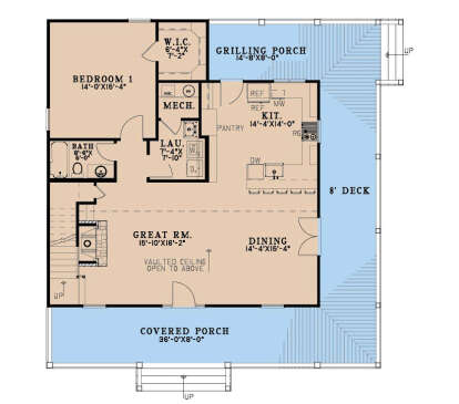 Main Floor: 1BR, 1BA, Vaulted Great Rm, Dining, Kitchen, Pantry, Ldry, WIC, Fireplace, Stairs, Grilling Porch, Deck, Porch. House Plan # 8318-00507 Main Floor  Floor Plan Drawing by America's Best House Plans, Inc.