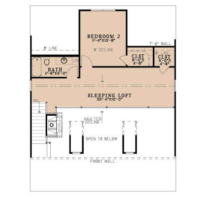 Second Floor: 1BR, 1BA, Sleeping Loft, 2 closets, stairs. Open to below, vaulted ceiling, fireplace below. House Plan # 8318-00507 Second Floor Floor Plan Drawing by America's Best House Plans, Inc.