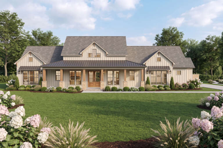 Beige Modern Farmhouse, Front Elevation with board-and-batten siding, stone base, metal roof, wood door, landscaping. House Plan # 8318-00508 Digital Rendering by America's Best House Plans, Inc.