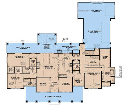 Main Floor: 3BR, 2.5BA, Great Rm, Studio, Dining, Kitchen, Pantry, Ldry, 3-car garage, 3 porches, patio. Vaulted ceilings. House Plan # 8318-00508 Main Floor  Floor Plan Drawing by America's Best House Plans, Inc.