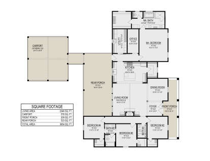 Main Floor: 4BR, 3BA, Kitchen, Dining, Vaulted Living, Office, Utility. Carport, Front/Rear Porches. 10' ceilings throughout. House Plan # 2473-00015 Main Floor  Floor Plan Drawing by America's Best House Plans, Inc.