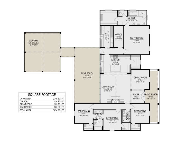 Main Floor: 4BR, 3BA, Kitchen, Dining, Vaulted Living, Office, Utility. Carport, Front/Rear Porches. 10' ceilings throughout. House Plan # 2473-00015 Main Floor  Floor Plan Drawing by America's Best House Plans, Inc.