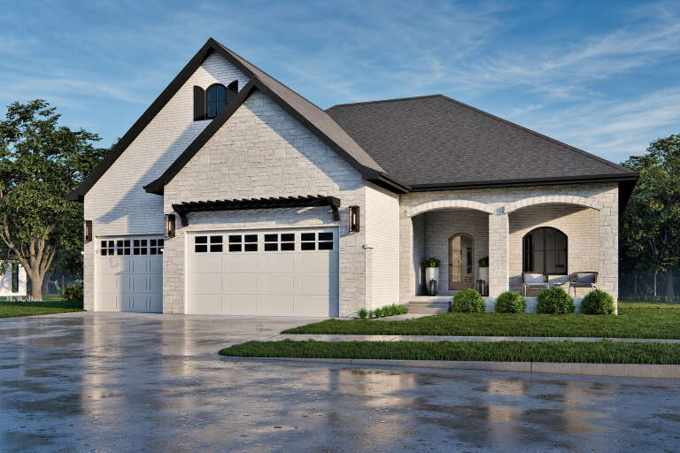 White stone, Angled Front Elevation, arched porch, black pergola, lanterns, arched window, and manicured lawn landscaping. House Plan # 7140-00014 Digital Rendering by America's Best House Plans, Inc.
